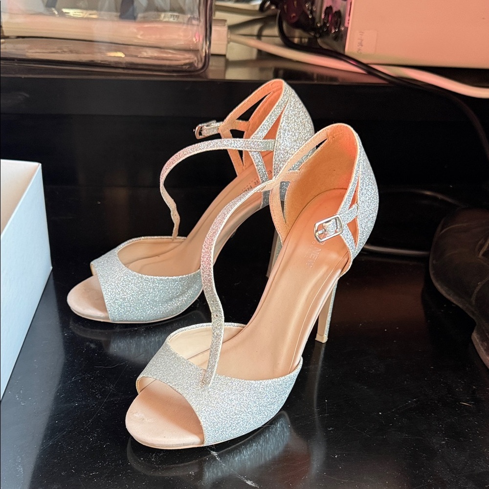 Ever New Silver Glitter Open-Toe Ankle-Strap Heels